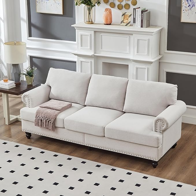 2 Pieses Living Room Sofa Sets Linen Fabric Couch and Loveseat with Nailhead Decor, Soild Wood Legs, Rolled Armrests & Storage ,2PCS Sofas 3 Seaters Couch and Love Seat for Living Room Furniture Sets