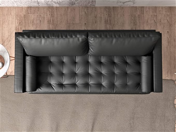 Womble Mid Century Modern Couch with Bolster Pillows, PU Leather Upholstered Tufted Seat, Versatile Retro Design for Comfortable Living Spaces, Sofa, Midnight Black