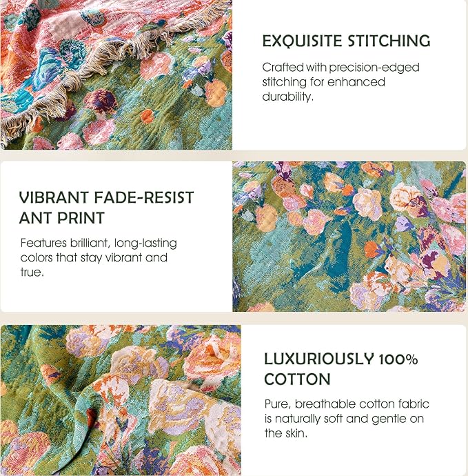 Boho Throw Blanket - 100% Cotton Throw Blankets for Bed Couch, 50"x60" Soft Muslin Lightweight Spring Throw Blanket, Cozy Floral Plant Printed Bohemain Bedding Decor Green Throw Quilt