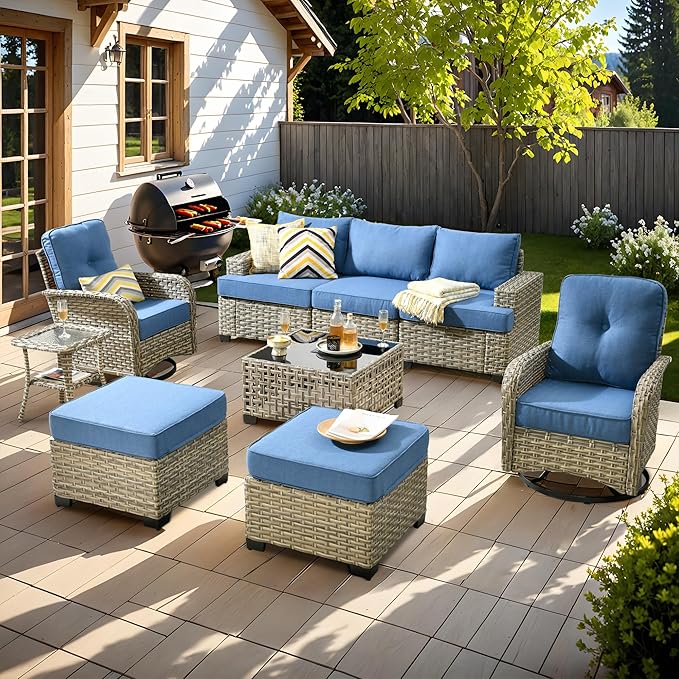 ovios 9 Piece Patio Sectional Furniture with Swivel Rocking Chairs, Rattan Wicker Coversation Set with Glowing Coffee Table, Outdoor Sofa Set for Outside Porch Balcony Backyard Pool, Blue