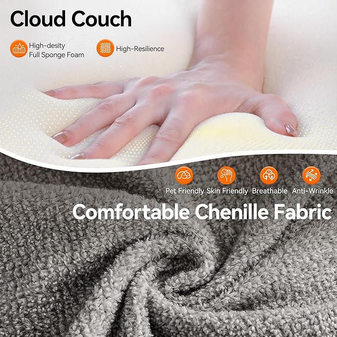 105.5" Cloud Boneless Sectional Sofa with Ottoman & 4 Pillows, L-Shaped 4-Seater Modular Couch for Living Room, Ultra Deep Seat Chenille Fabric Sofa, No Assembly Required, Light Grey