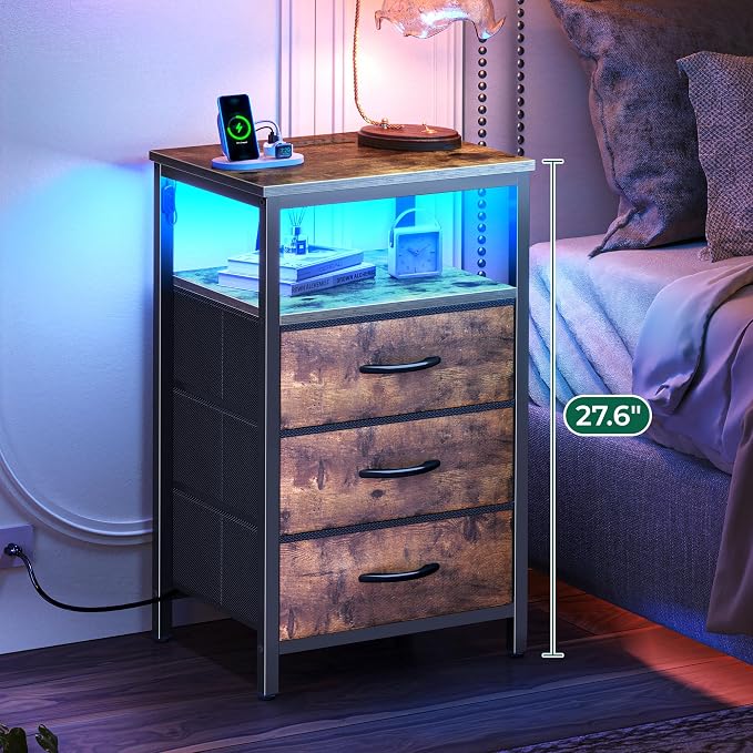 Huuger Night Stand with Charger Station and LED Lights, 3 Drawer Nightstand, Bed Side Table with Open Shelf, End Table, Tall Fabric Dresser for Bedroom, Rustic Brown - Image 4