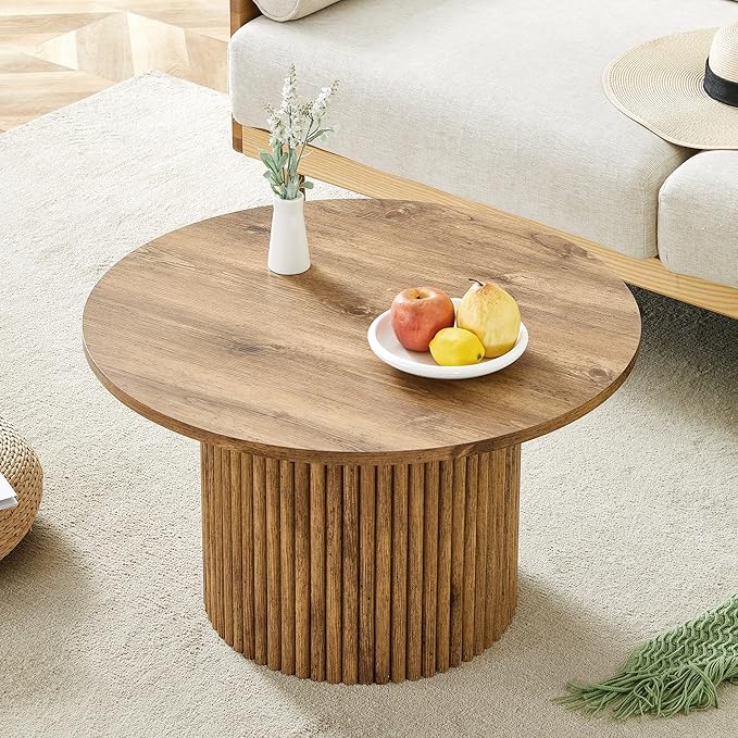 JUFU Round Coffee Table with Storage, 27.5IN Minimalist Fluted Coffee Table Circle Wood Center Table for Living Room (Wooden Coffe Table)