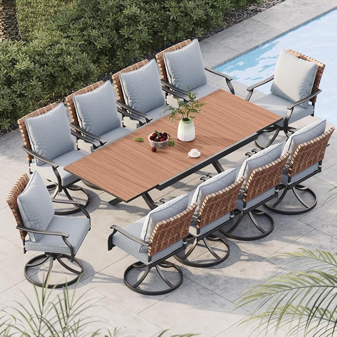 Grand patio 11-Piece Outdoor Dining Set, 10 Leather-Look Wicker Swivel Patio Chairs & 1 Extendable Rectangular Dining Table, Brown by GrandPatio