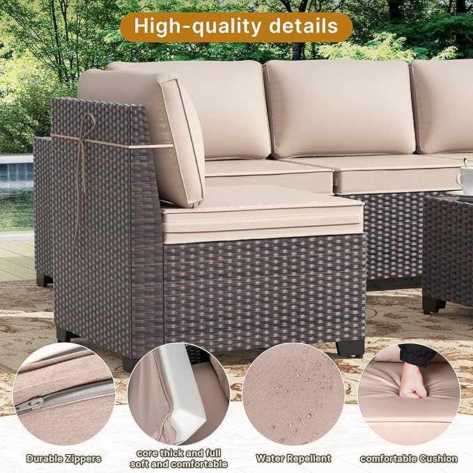 Gotland 6 Pieces Patio Furniture Set with 1 Coffee Table, 5 Seater Rattan Outdoor Sectional with Wide Armrests 29.5'' High Backrest Thick Waterproof Cushions, Conversation Sets for Deck Garden Khaki