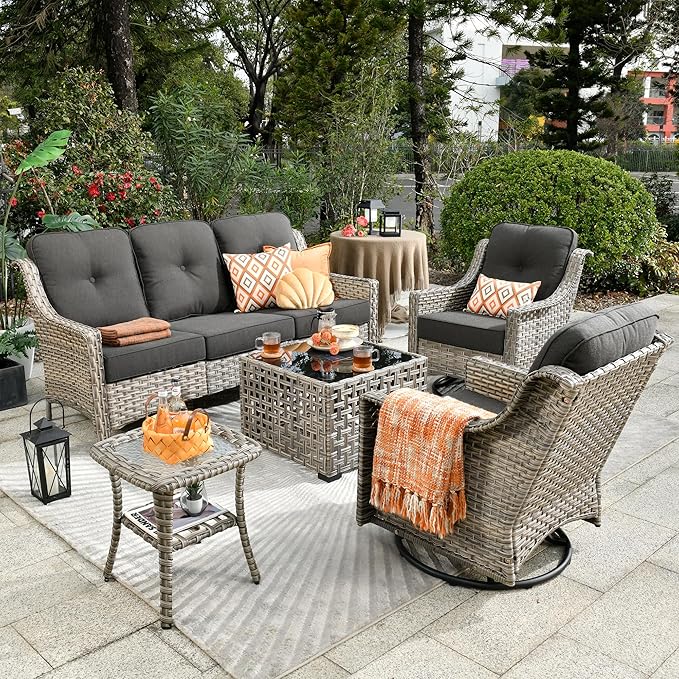 Patio Conversation Set,5 Pieces Wicker Patio Furnitures with Swivel Chair and Coffee Table,All Weather Patio Furniture Set for Garden,Backyard,Poolside and Patio,Black
