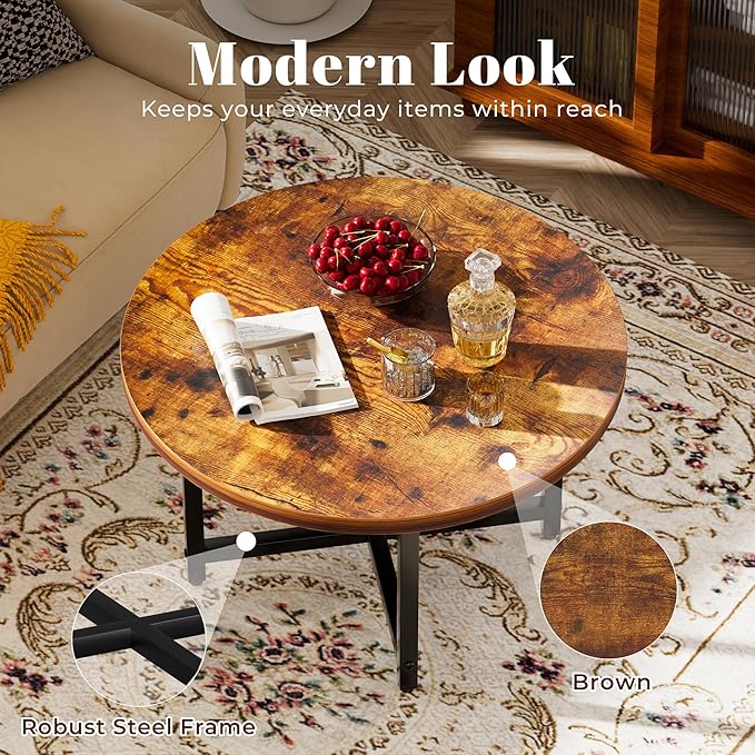 Round Coffee Table, Small Coffee Tables for Living Room, Wood Coffee Table with Metal Frame, Floor Table Desk for Sitting on The Floor, Home, Office, Farmhouse, Rustic Brown (23.6"D x 17.7"H)