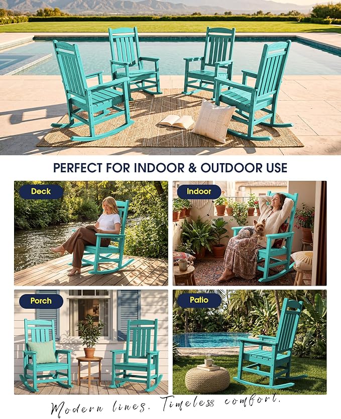 KINGYES Oversized HDPE Outdoor Rocking Chair Set of 4, All-Weather Poly Patio Rocking Chairs with 330lbs Support for Adults, Aruba Blue - Image 8