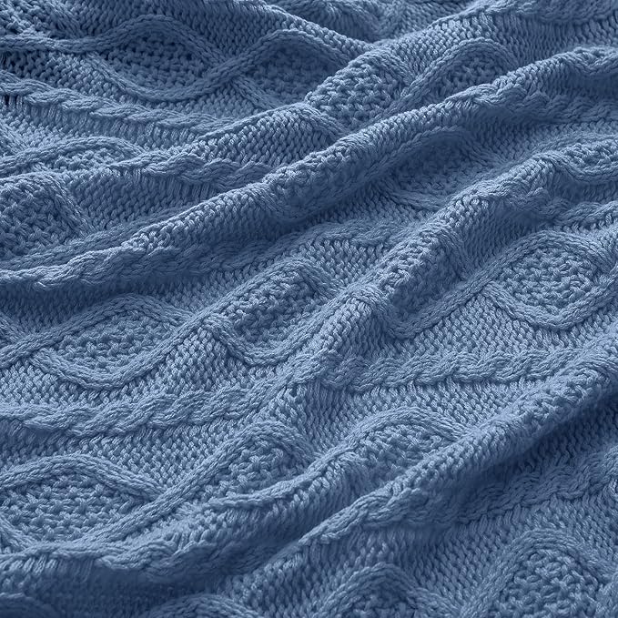 Homiest Cable Knit Throw Blanket and Pillow Set, Grayish Blue Throw Blanket Set of 3, Knitted Throw Blanket (50"x60") & 2 Pillow Covers (18"x18"), Soft & Cozy Decorative for Couch Sofa Bed