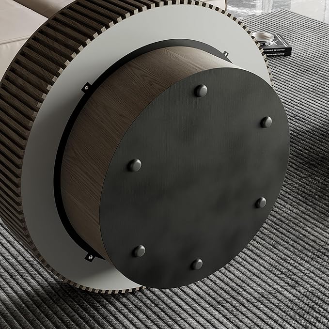 31.5" Storage Coffee Table Round Modern Coffee Table for Living Room, Circle Wood Center Tea Table Drum Accent End Table, with Hidden Space & Sturdy Base & Minimalist Fluted Side, Grey