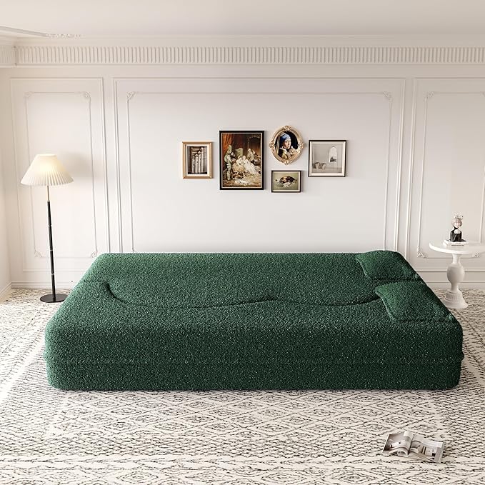 Ball & Cast 78" Floor Sofa Bed with 2 Pillows,Convertible Teddy Fabric Foam-Filled Sleeper Sofa Bed,Pull Out Couch Full Size Folding Mattress for Living Room,Playroom,No Assembly Required,Green