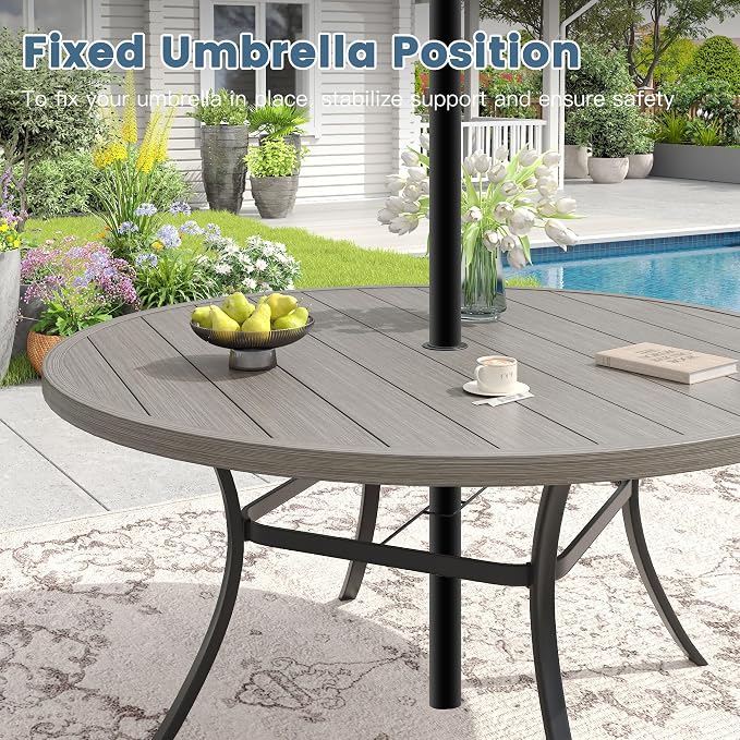 DIFY Patio Dining Set for 6, 7 Piece Outdoor Table and Chairs Set, 50" Grey Wood-Like Round Metal Patio Dining Table and 6 Sandshell Textilene Stackable Patio Chairs, for Backyard Garden Poolside - Image 3