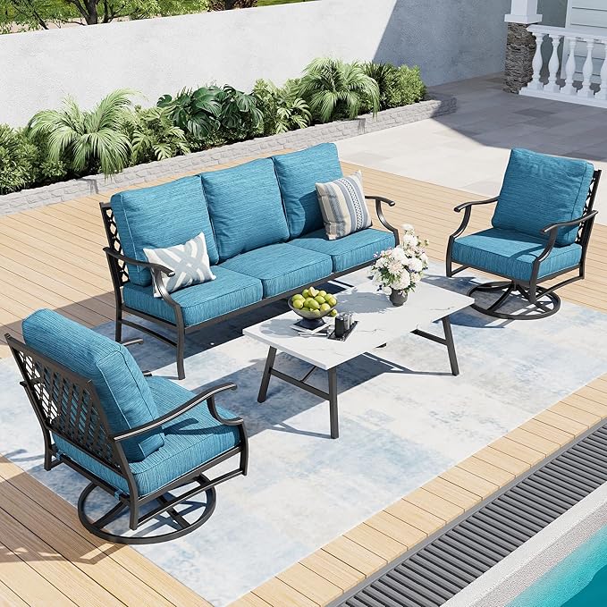 4 Piece Metal Outdoor Patio Furniture Set, Patio Conversation Sets 3-seater Sofa, 2 Swivel Chair with 5.75" Extra Thick Cushion and Coffee Table, Black Frame Backyard Furniture, Blue-2