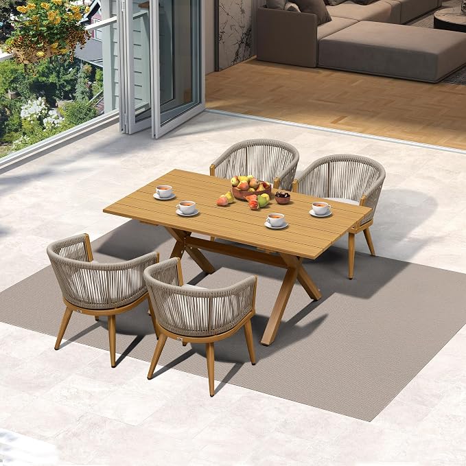 PURPLE LEAF Patio Dining Set for 4 All-Weather Wicker Woodgrain Aluminum 5 Piece Outdoor Table and Chairs Set Included Cushions for Backyard Indoor Kitchen Modern Outdoor Furniture Set Teak Color by PURPLELEAF