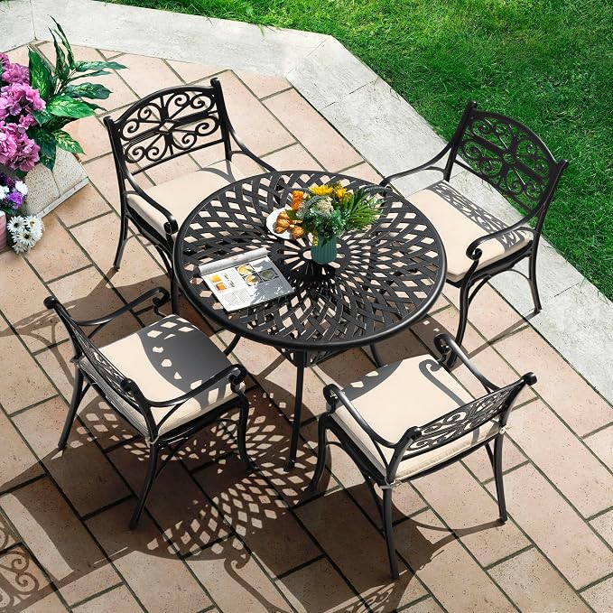 NUU GARDEN 5 Piece Cast Aluminum Outdoor Patio Dining Set, Round Patio Dining Table with 2.24" Umbrella Hole and 4 Patio Dining Chairs with Cushions for Garden, Balcony, Bronze and Beige - Image 2