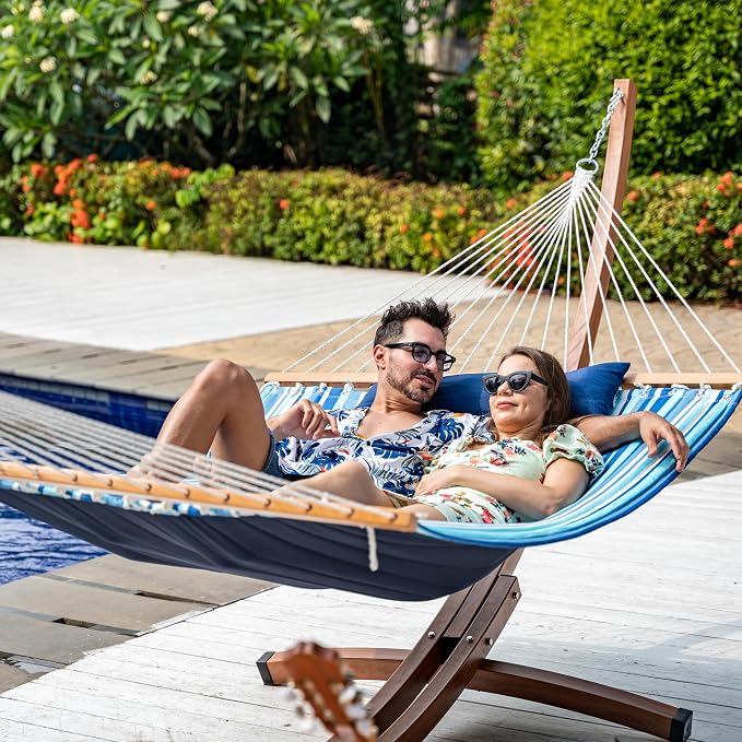 Lazy Daze Hammocks 12 FT Quilted Fabric Double Hammock with Spreader Bars and Detachable Pillow, 450lbs Weight Capacity - Image 2