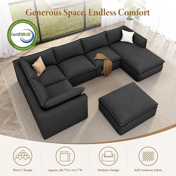 Vesgantti 141.7" Oversized Sectional Boneless Couch, 7 Seater Modular Sofa with Chaise & Ottoman & Armrest, Deep Seat Plush Corduroy Cloud Couch for Living Room, No Assembly Required, Dark Gray