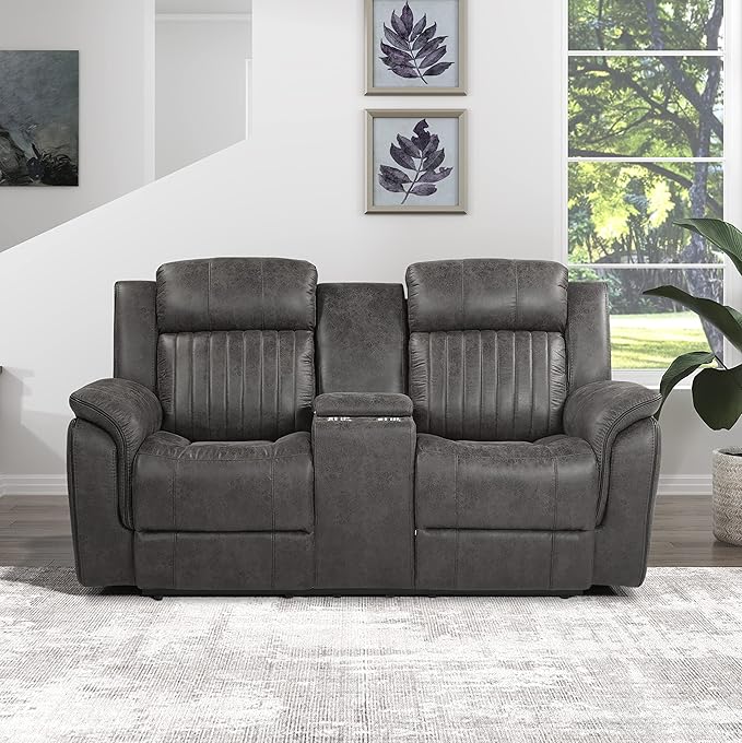 Lexicon 74" W Manual Double Reclining Loveseat with Center Console, Polished Microfiber Recliner Loveseat, Pillow Top Arms, for Living Room, Easy Assembly, Brownish Gray