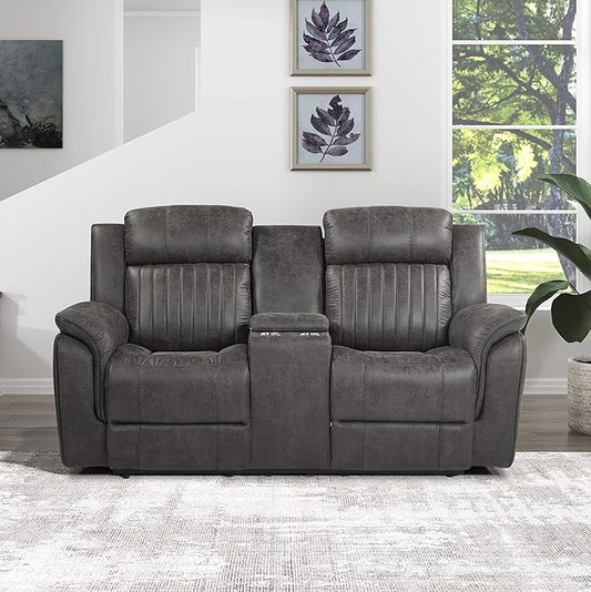 Lexicon 74" W Manual Double Reclining Loveseat with Center Console, Polished Microfiber Recliner Loveseat, Pillow Top Arms, for Living Room, Easy Assembly, Brownish Gray