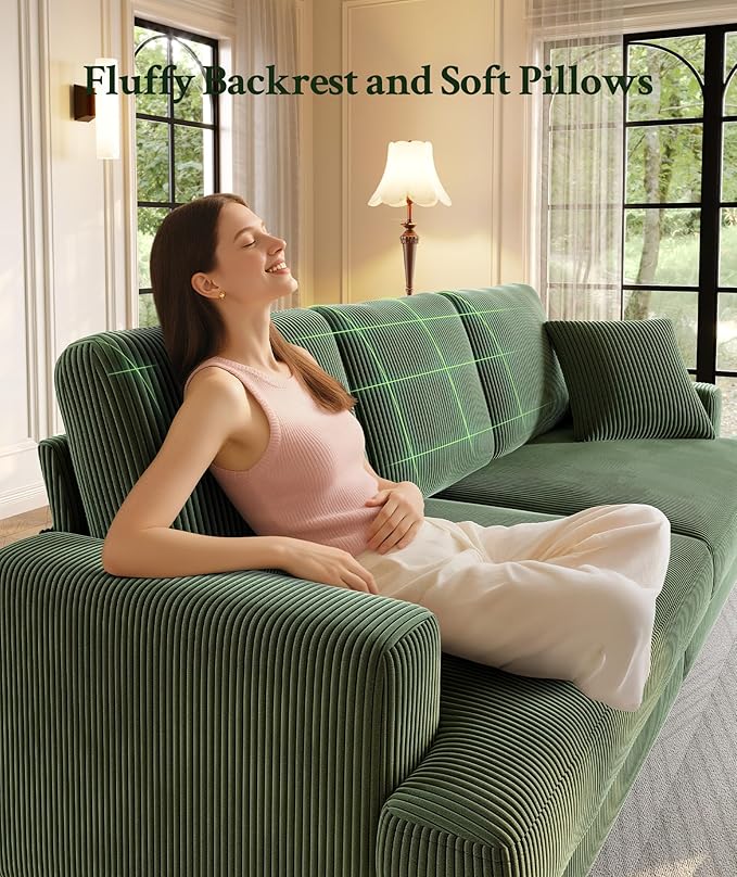 87.2" Couches for Living Room, Comfy Green Couch 7.5" Extra Thick Cushion, Sofas for Living Room Tool-Free Setup, Loveseat Sofa 848lbs Support, Corduroy Couch for Bedroom, Apartment, Office