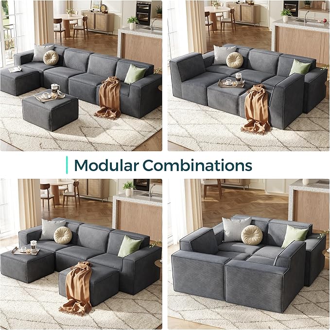 LINSY HOME Modular Sectional Sofa Ottoman, Boneless Sofa Comfy Corduroy Sectional Cloud Couch Ottoman for Living Room, No Assembly Required, Bluish Grey
