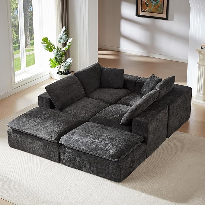 Cloud Modular Sectional Couches Boneless Sofa for Living Room, 138" Oversized U Shaped Corner Couch with Movable Ottomans, Memory Foam Compressed 6 Seater Sofa for Living Room | Plush, Wider Armrest, Free Combination