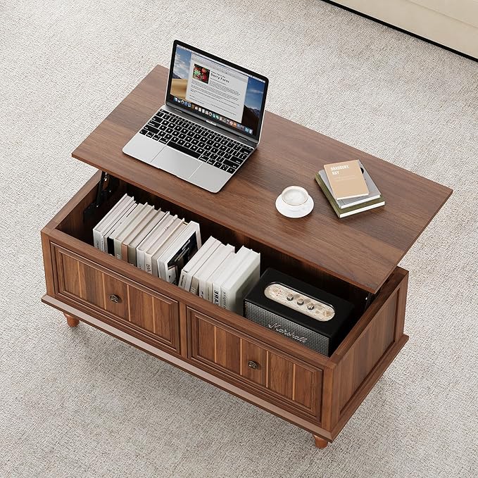 39" Lift Top Coffee Table, Wood Center Table with Storage, Retro Coffee Tables Rectangular Dining Table for Living Room Home Office Small Space (Walnut)
