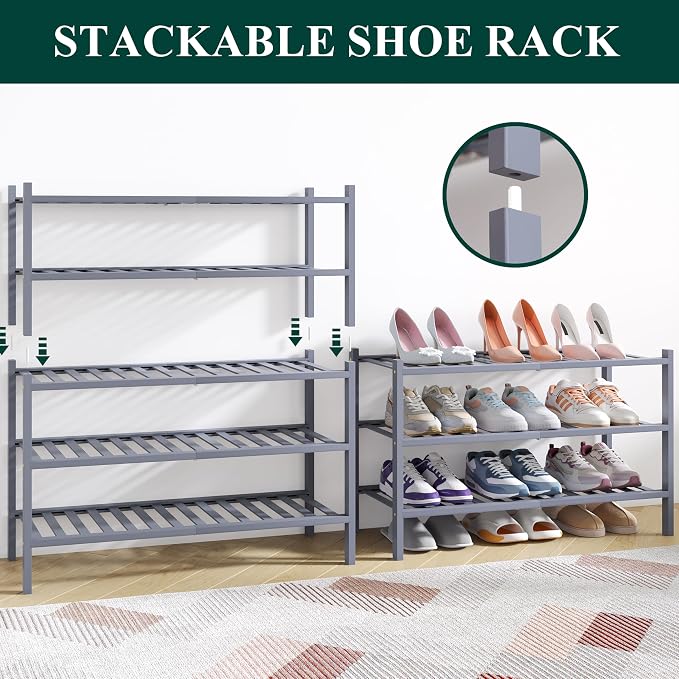 Smiry Bamboo Shoe Rack for Closet, 6 Tier Wooden Stackable Shoe Organizer, Free Standing Shoes Storage Shelf for Entryway, Front Door Entrance, Grey - Image 4