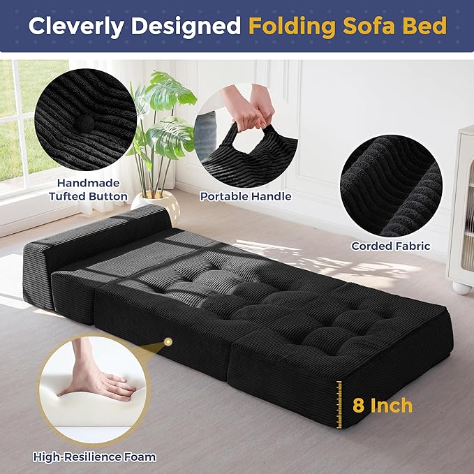 MAXYOYO 8" Folding Sofa Bed, Convertible Sleeper Sofa Lounger Foldable Mattress, Wedge Shape Floor Couch Tufted Fold Out Chair Bed Comfy Floor Couch Lounge for Living Room Bedroom, Single, Black