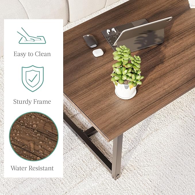 35.4" Rectangular Coffee Table for Living Room, Modern Industrial Style Coffee Table Center Table with Metal Frame for Small Space, Apartment, Office, Easy Assembly, Walnut
