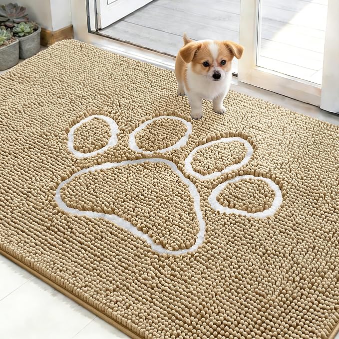 OLANLY Dog Door Mat for Muddy Paws 48x30, Paw Print Design, Absorbs Moisture and Dirt, Absorbent Non-Slip Washable Doormat, Quick Dry Chenille Mud Mat for Dogs, Entry Indoor Entryway Carpet, Beige by OLANLY
