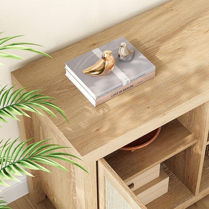 IDEALHOUSE Rattan TV Stand for 65 inch, Natural Oak Entertainment Center with Adjustable Shelves, Boho TV & Media Cabinet 2-Tier Storage for Living Room Bedroom - Image 6