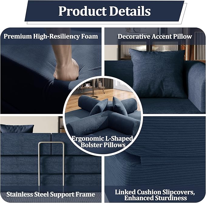 59'' Convertible Compressed Corduroy Folding Sofa Bed, Modern Boneless Pull Out Loveseat Sleeper in a Box, 4 in 1 Floor Mattress Futon Cloud Couch, No Assembly Needed, Navy Blue, 2 Pillows, Queen