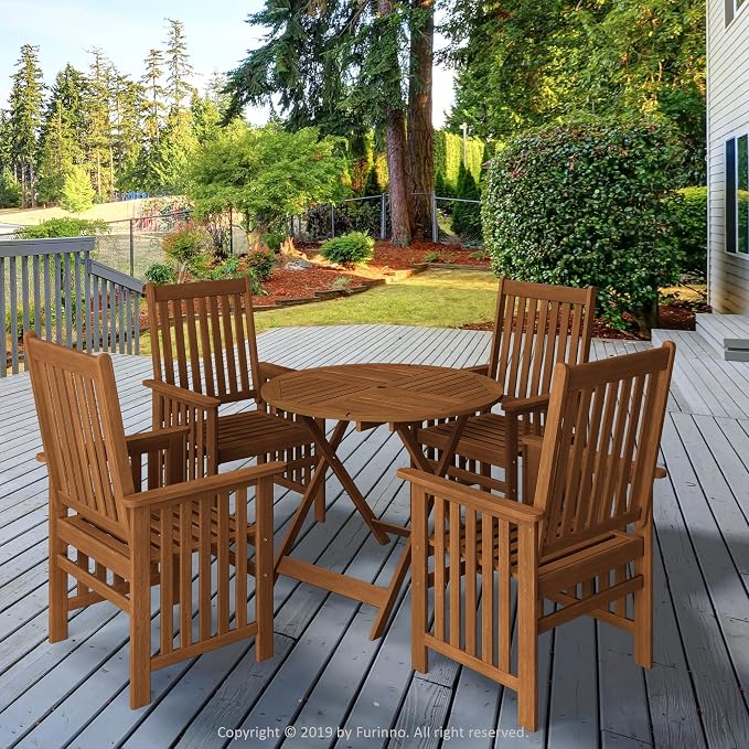 Furinno TIOMAN Folding Patio Dining Table, Outdoor Wooden Table with Umbrella Hole, Round 4-Person Patio Table for Garden, Porch, Backyard, Light Wood - Image 4