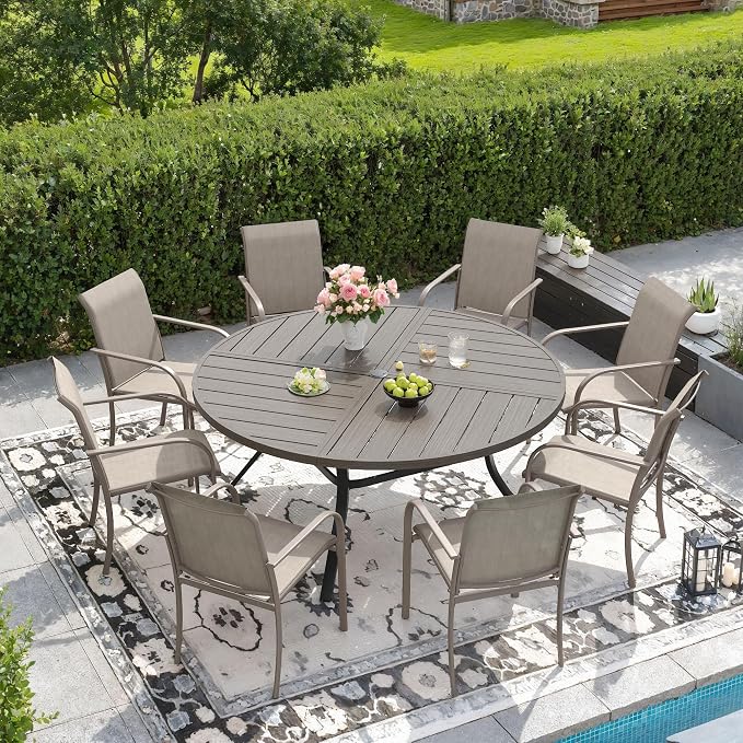 DIFY 9 Pieces Outdoor Patio Dining Set for 8, 53.1" Grey Wood-Like Round Metal Dining Table and 8 Sandshell Stackable Textilene Patio Chairs, Outdoor Table and Chairs for Backyard Garden Poolside by DIFY
