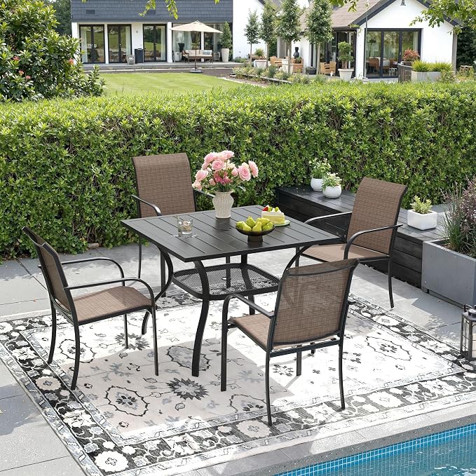 DIFY 5 Pieces Outdoor Dining Table Chair Set, Patio Dining Set with 1 Black Square Curved Legs Table with and Umbrella Hole & 4 Brown Stackable with Armrests Chairs for Lawn, Garden, Porch by DIFY