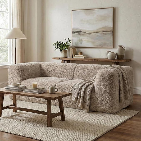 Furniture of America Havyn Modern Faux Fur 2-Seater Modular Foam Loveseat with Curved Arms & Deep Seat, Compressed Couch in a Box, No Assembly Required, for Living Room and Office, Taupe