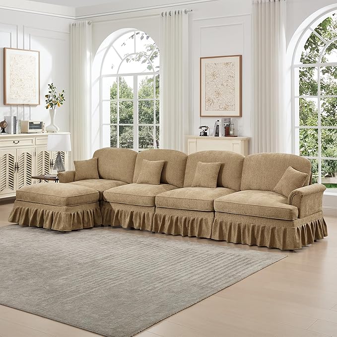 KEIKI Mid Century Modular Sofa with Flared Arms and Skirted Design, 137“ Oversized 4-Seater with Ottoman Luxury Chenille L-Shaped Sectional Couches for Living Room, Chaise Lounge Indoor, Light Coffee