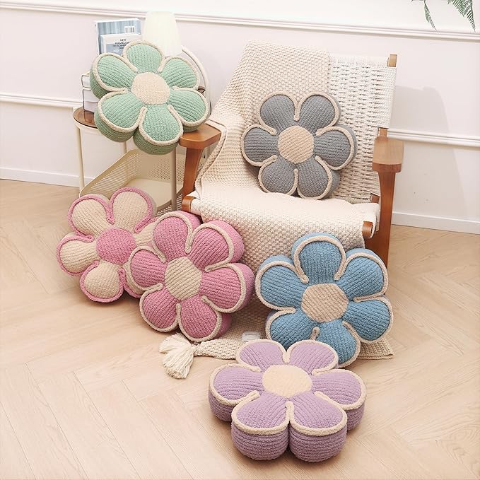 Beige Preppy Throw Pillow Decorative Flower Pillows 16" Cute Soft Fluffy Daisy Shaped Floor Cushion Aesthetic for Sitting Chair Couch Bed Room Bedroom Decor (1, Beige, 16 Inch)
