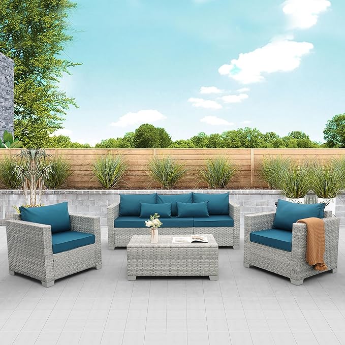 WAROOM Patio Furniture Set 4 Piece Outdoor Wicker Conversation Sets PE Rattan Couch Sectional Sofa with Storage Table, Peacock Blue Cushion