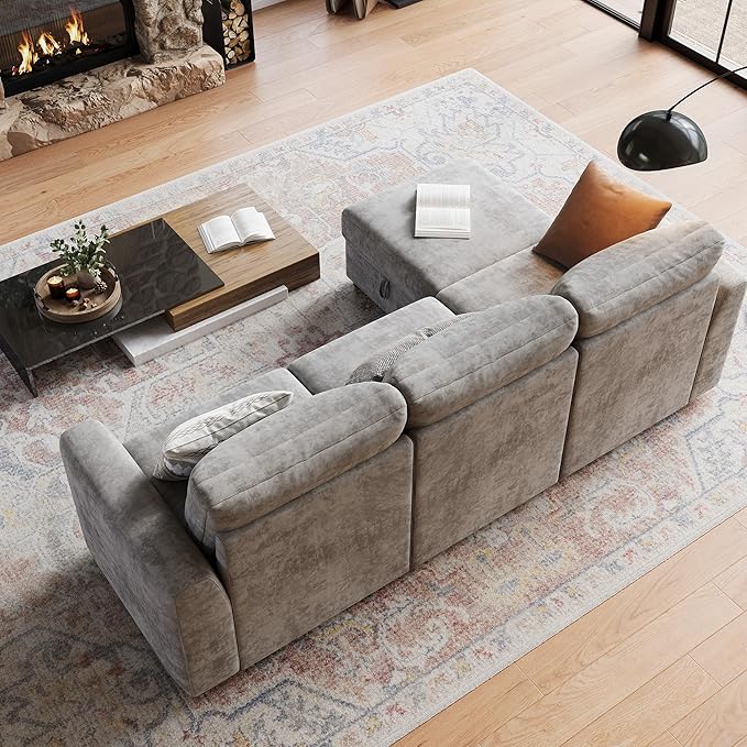 L-Shape Sectional Sofa with Storage, 108" Modular Cloud Couch, 4-Seater Sofa Bed with Ottoman, Chenille Fabric with Hidden Storage for Small Spaces(Gray 4-Seater)