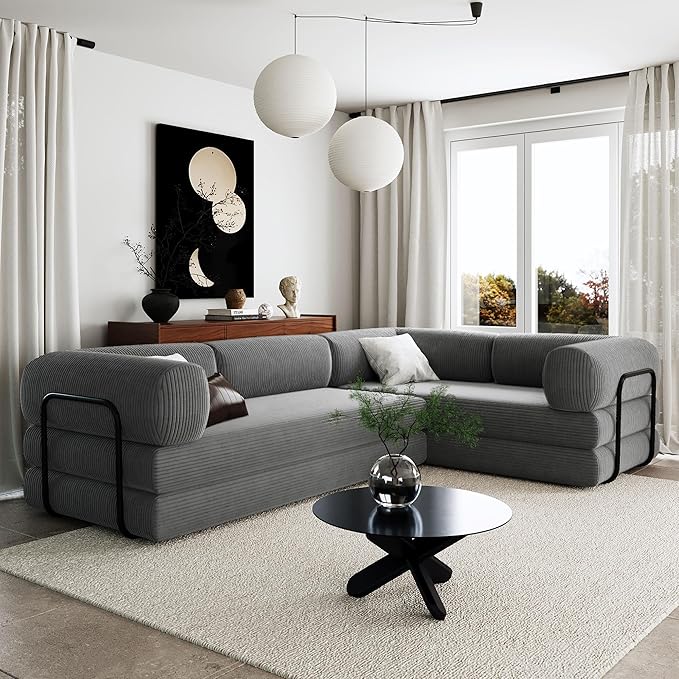 Merax L-Shaped Modular Sofa Bed in Corduroy Fabric, Convertible Sleeper Sofa Bed, 4 Seat Floor Couch for Living Rooms and Apartments, No Assembly Required, Gray