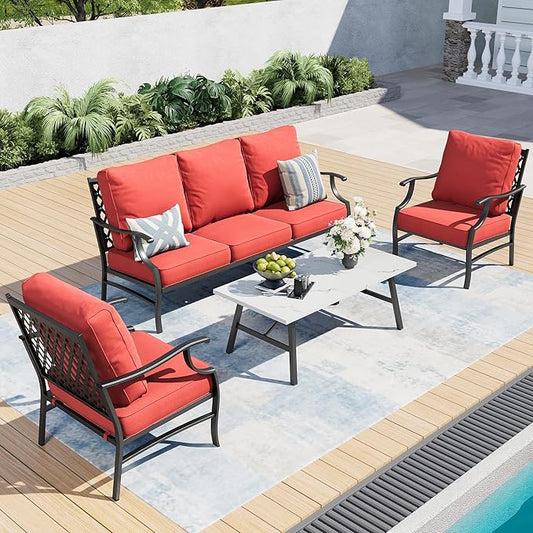 4 Piece Metal Outdoor Patio Furniture Sets, Patio Conversation Sets 1 3-Seater Sofa, 2 Fixed Chair with 5.75" Extra Thick Cushion and Coffee Table, Black Frame Backyard Furniture, Red