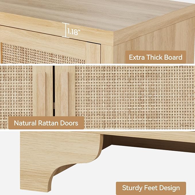 TV Stand for TVs Up to 65'', Natural Rattan Entertainment Center with Storage Cabinets, Boho Media Console Table for Living Room, Farmhouse Cabinet - Image 5