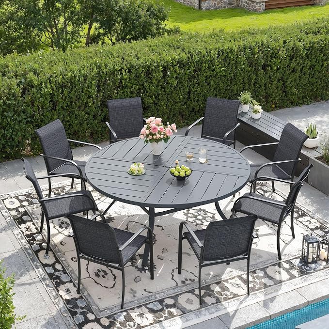 DIFY 9 Pieces Outdoor Patio Dining Set for 8, 53.1" Round Metal Dining Table and 8 Stackable Textilene Patio Chairs, Outdoor Table and Chairs for Backyard Garden Poolside, Grey by DIFY