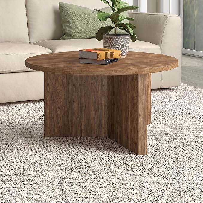 Henn&Hart 32" Round Wood Pedestal Coffee Table for Living Room, Family Room, Office, or Apartment, Medium Walnut