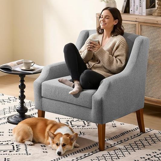 Accent Chair for Living Room,No Assembly Upholstered Mid Century Modern Comfy Tufted Armchairs with Wooden Legs,Sofa Chairs for Bedroom, Reading Waiting Room Apartment Grey