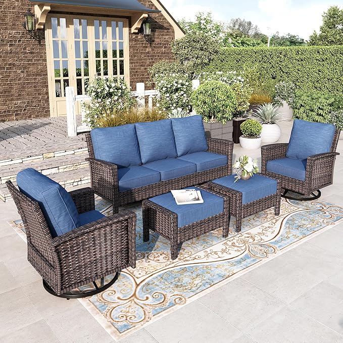 HERA'S HOUSE Patio Furniture Set, 5 Pieces Outdoor Seating Furniture, 35" High Back Swivel Chairs with 5.5" Thick Cushions, Brown Wicker Rattan Conversation Set with Ottomans for Deck Lawn Yard, Blue