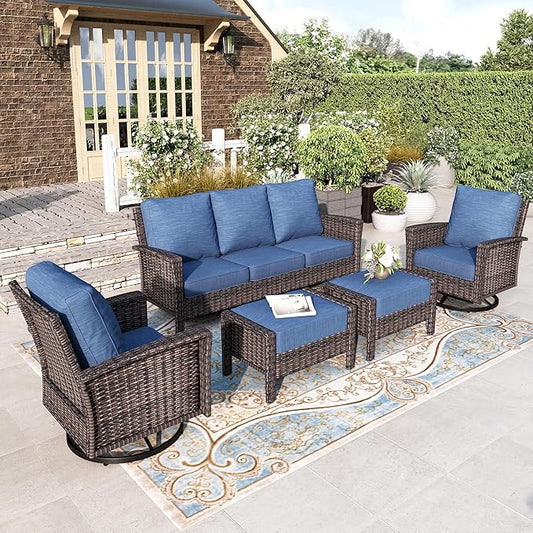 HERA'S HOUSE Patio Furniture Set, 5 Pieces Outdoor Seating Furniture, 35" High Back Swivel Chairs with 5.5" Thick Cushions, Brown Wicker Rattan Conversation Set with Ottomans for Deck Lawn Yard, Blue