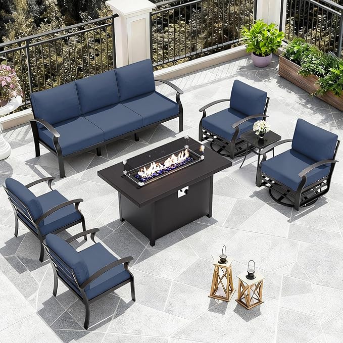 ALAULM Aluminum Patio Furniture Set with Propane Fire Pit Table Metal Outdoor Furniture w/Fire Pit Patio Conversation Sets w/5.1" Cushions and 7 Seats for Patio,Backyard,Poolside-Dark Blue